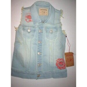 New Girls NWT $128 True Religion Brand Jeans M Denim Vest Light Blue Red Flowers